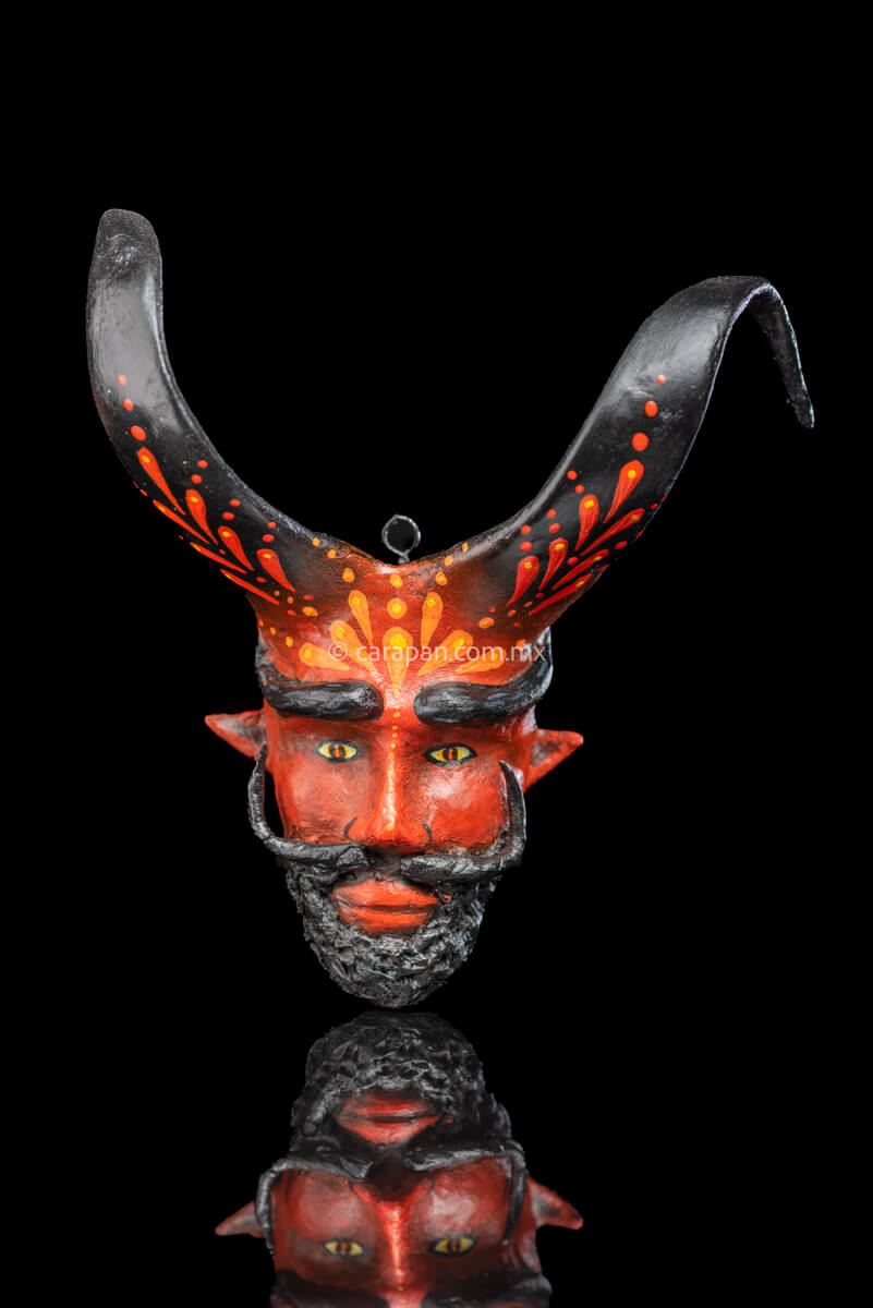 Paper Mache Mask with Beard, Moustache and Curved Black Horns Painted in red with orange strokes