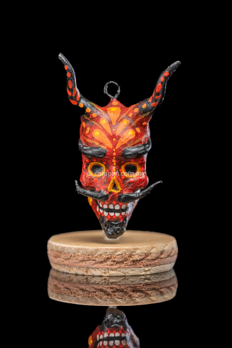 Paper Mache Smiling Devil with Moustache Painted in Red with orange strokes 