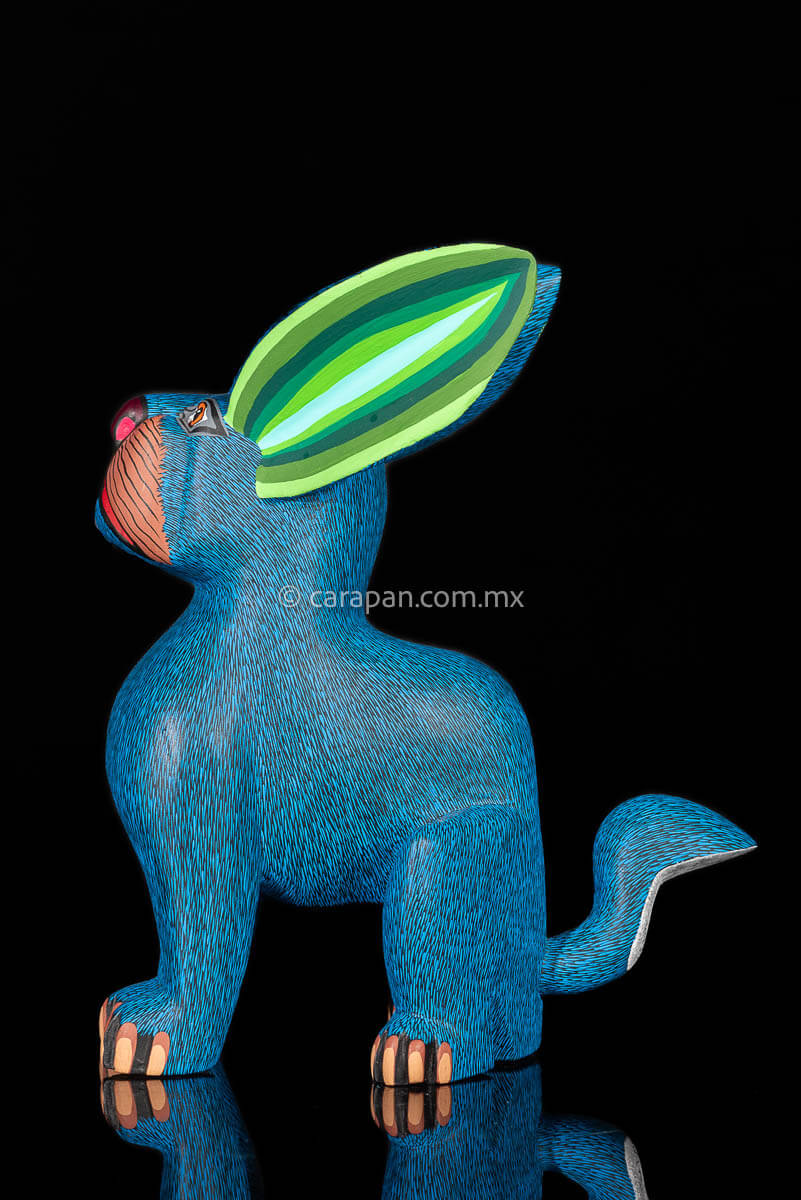 Blue and green tones Oaxacan Copal Wood Carving Rabbit Dog Alebrije Hand made Mexican Folk Art