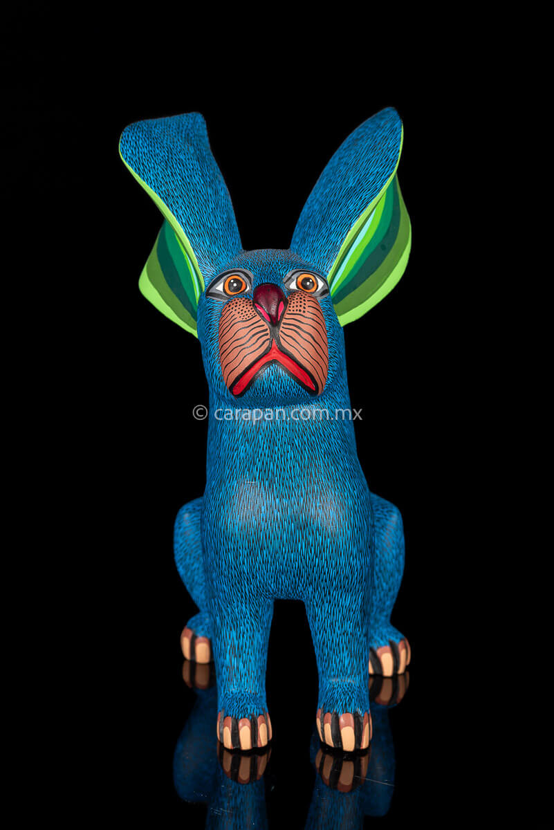 Blue and green tones Oaxacan Copal Wood Carving Rabbit Dog Alebrije Hand made Mexican Folk Art