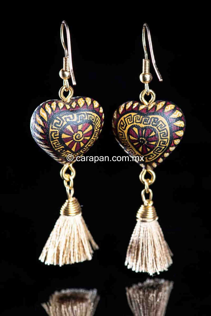 Mexican Earrings Alebrije Style Heart Shaped, Gold & Red