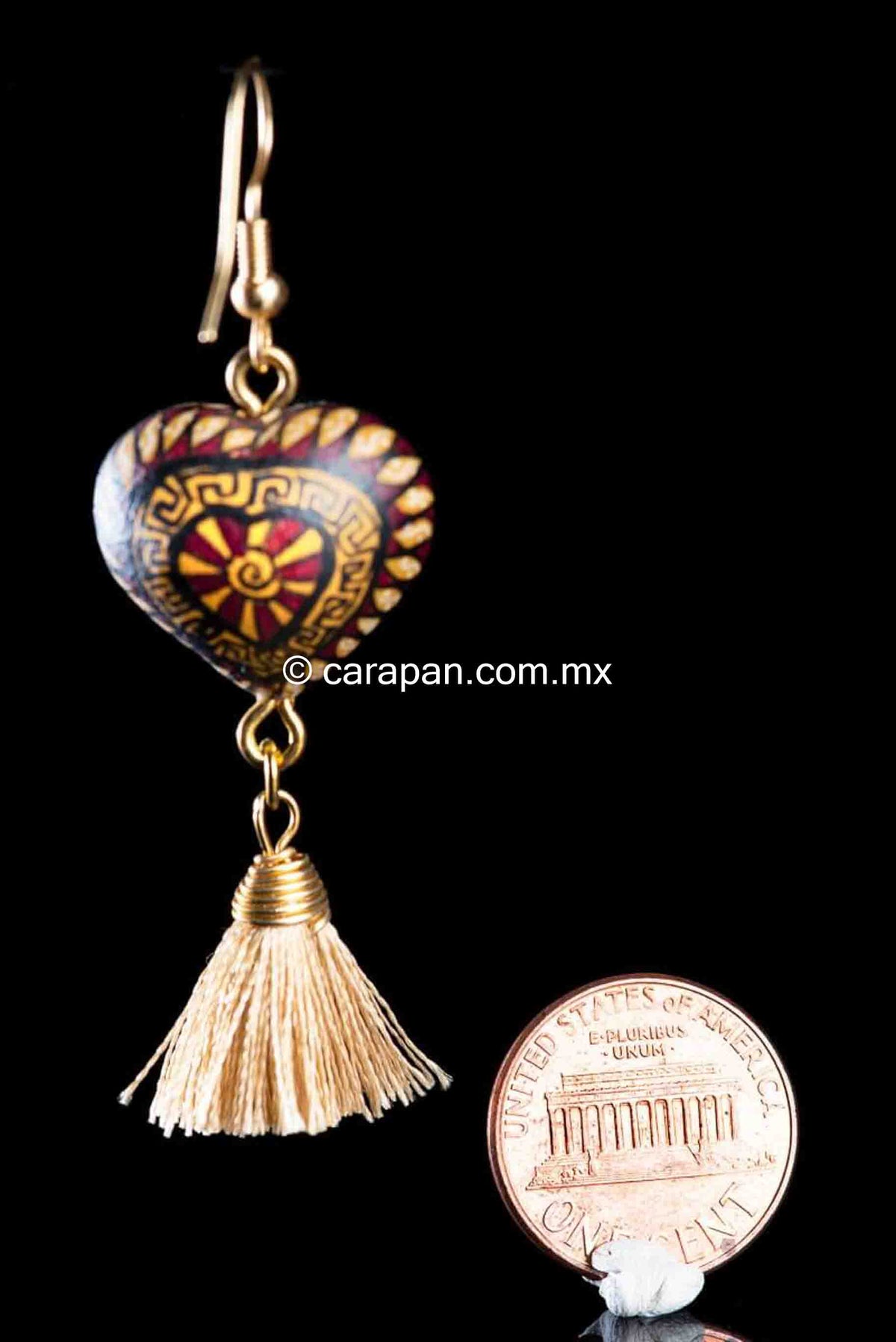 Mexican Earrings Alebrije Style Heart Shaped, Gold & Red