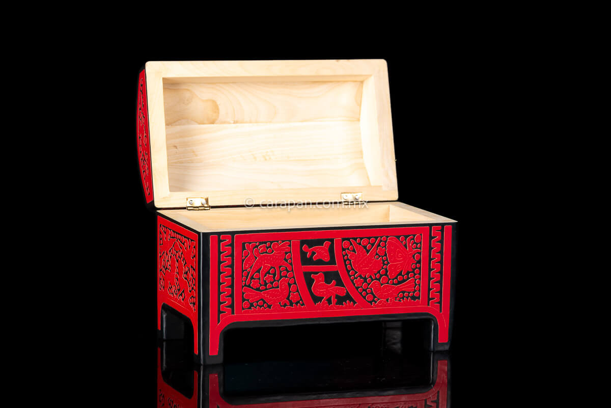 Lacquered Wood Box in red over black Crafted in Olinalá Mexico