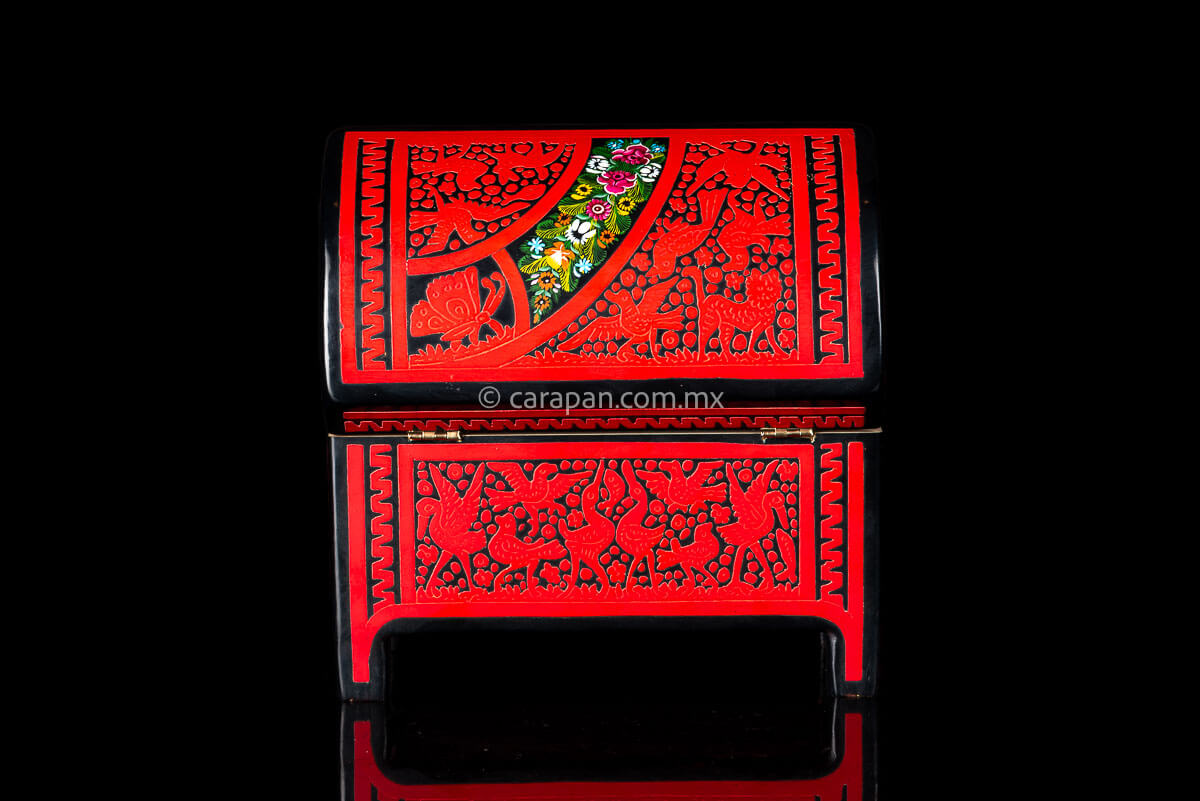 Lacquered Wood Box in red over black Crafted in Olinalá Mexico