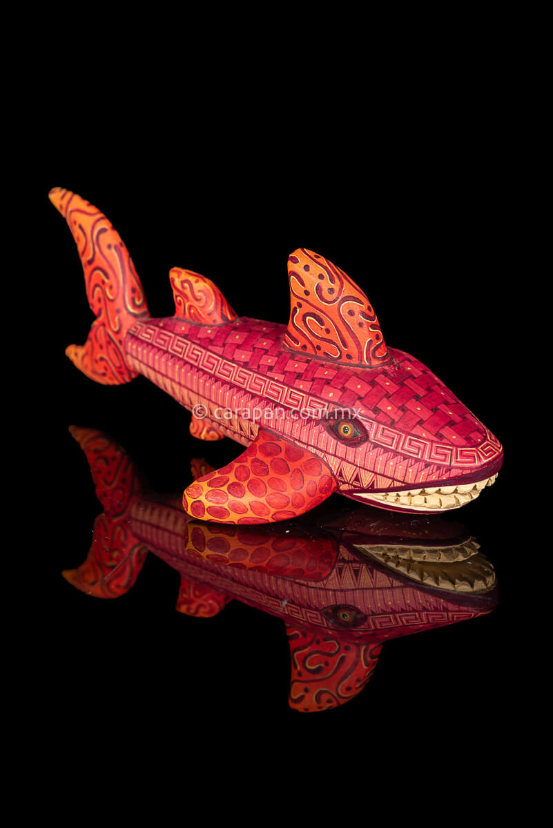 Pink and orange tones Oaxacan Wood Carving Shark Alebrije