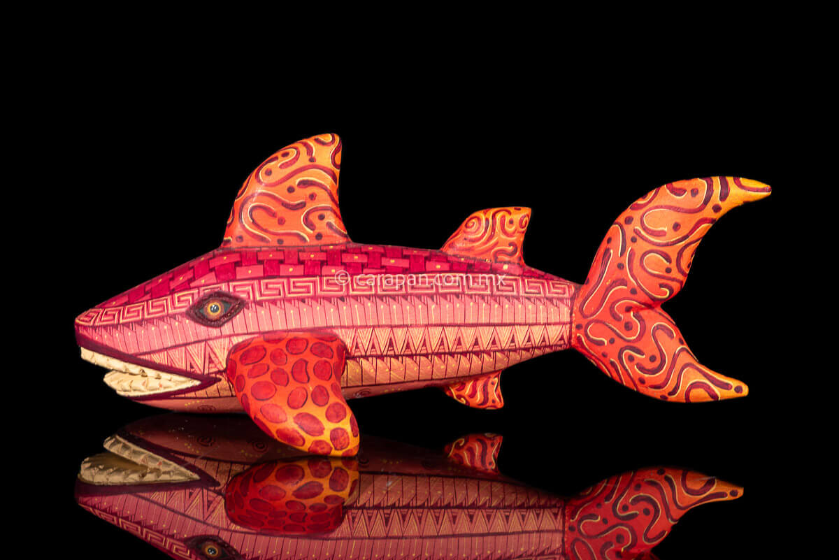 Pink and orange tones Oaxacan Wood Carving Shark Alebrije