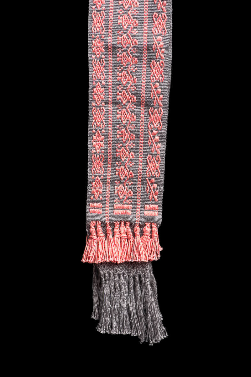 Purepecha Indigenous Textile Belt backstrap loomed in pink over gray with women holding hands