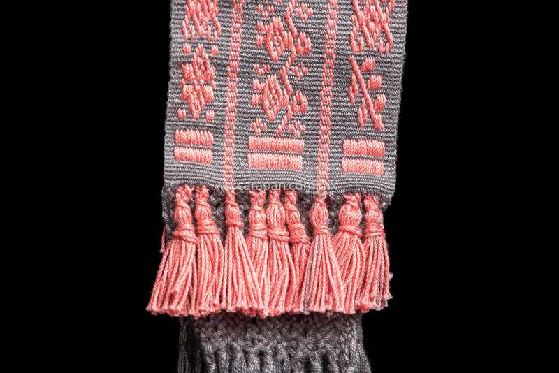 Purepecha Indigenous Textile Belt backstrap loomed in pink over gray with women holding hands
