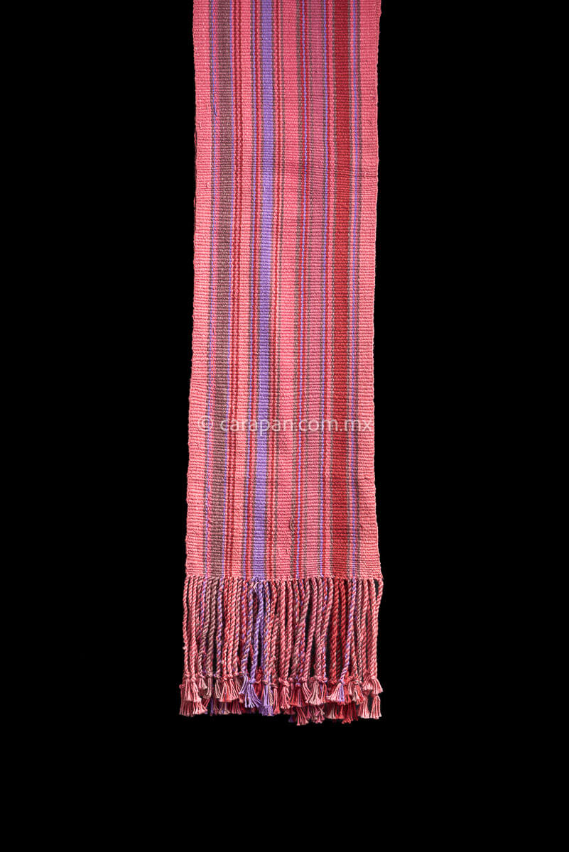 Purepecha indigenous textile belt in pink with brown, purple and red stripes it can be used as a scarf or table runner