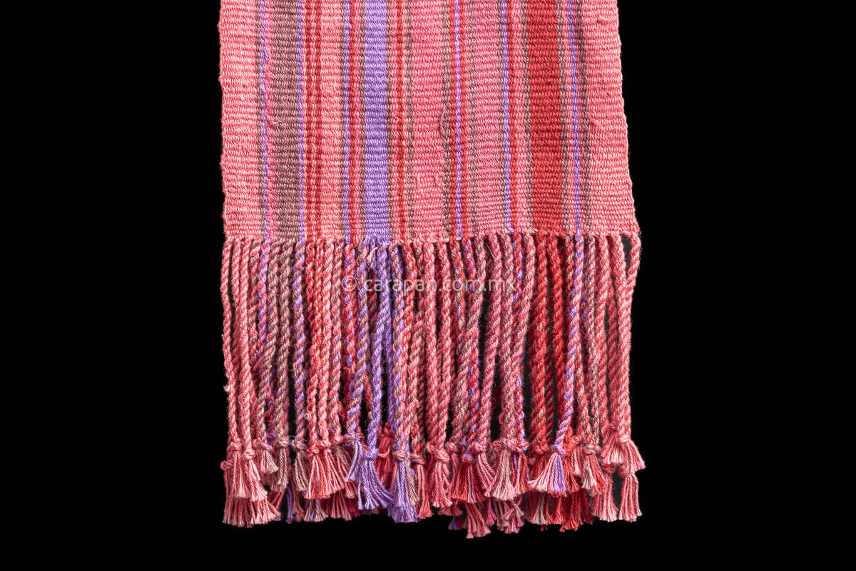 Purepecha indigenous textile belt in pink with brown, purple and red stripes it can be used as a scarf or table runner tassels