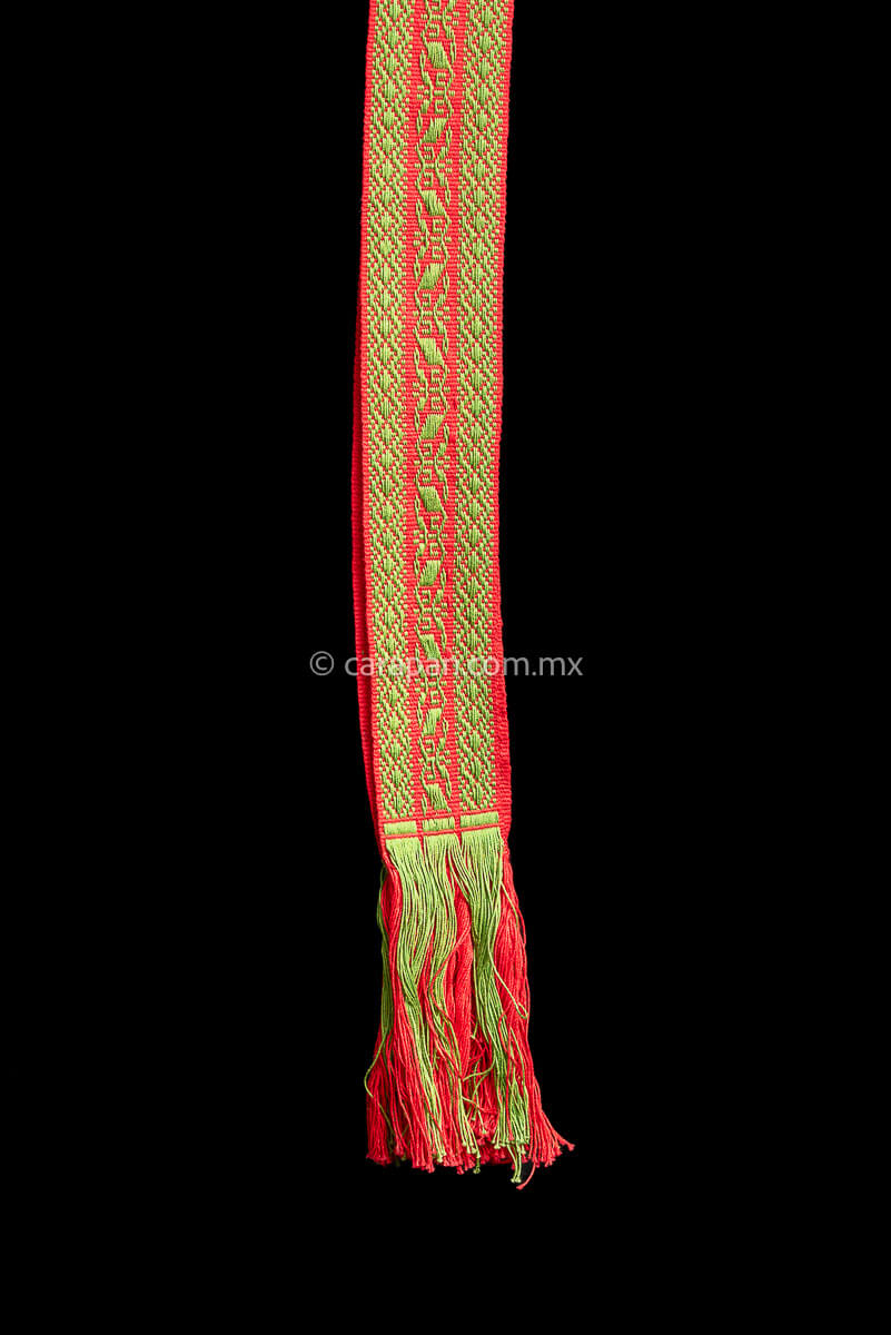 Backstrap Loomed Cotton Belt with green pattern over red crafted by Purepecha indigenous People