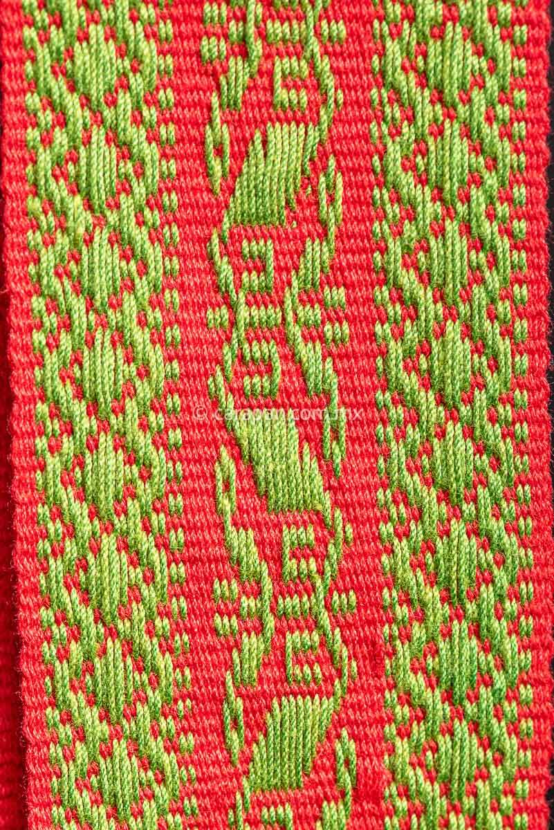 Backstrap Loomed Cotton Belt with green pattern over red crafted by Purepecha indigenous People