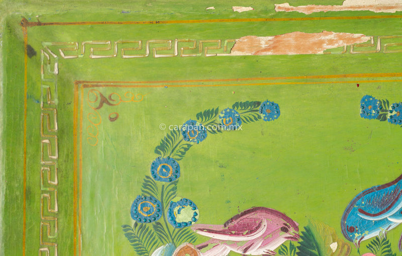 Vintage Lacquered Wood Tray with painted birds and flowers on a green background. Crafted in the 1960's in Olinalá Guerrero. Due to its vintage condition lacquer is peeled off in some areas.