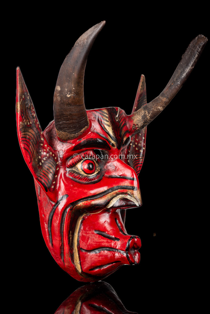Devil Mask with Bull horns Hand Crafted in Guerrero, Mexico