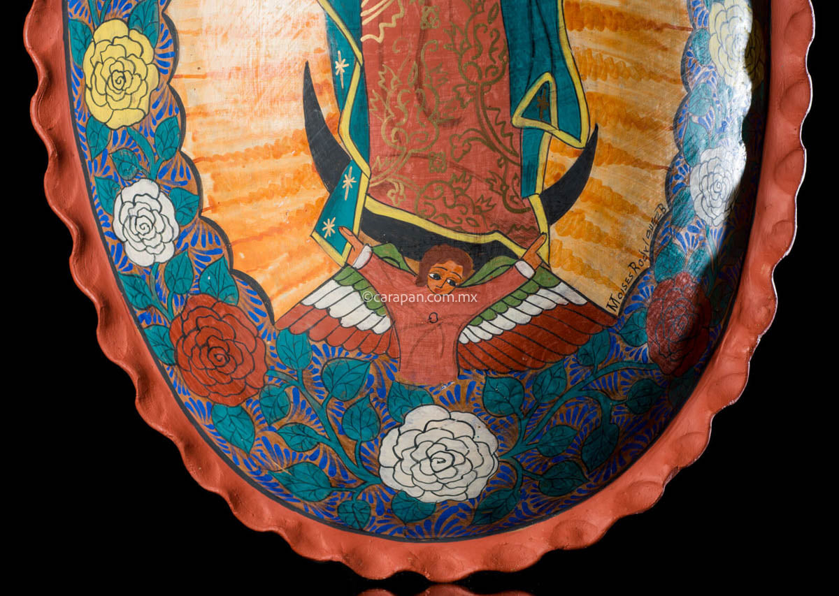 Oval Burnished Clay Medallion with Virgin of Guadalupe surrounded by flowers