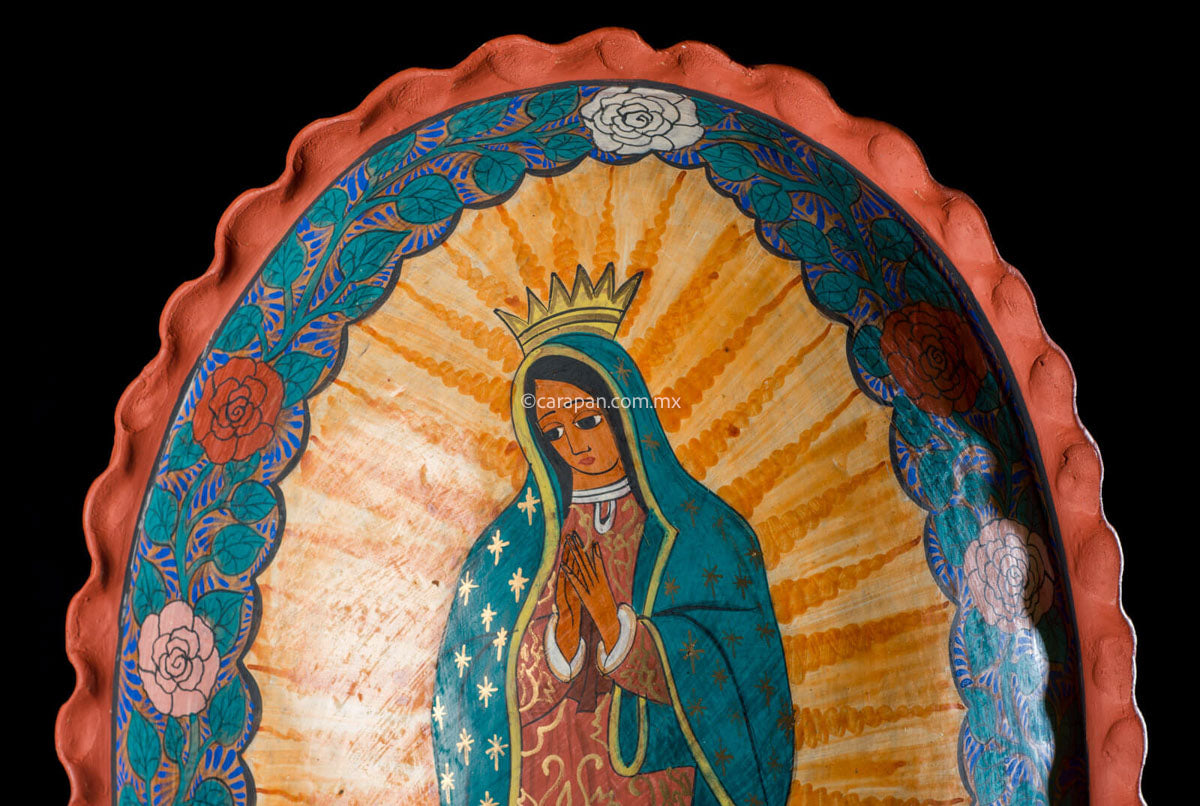 Oval Burnished Clay Medallion with Virgin of Guadalupe surrounded by flowers