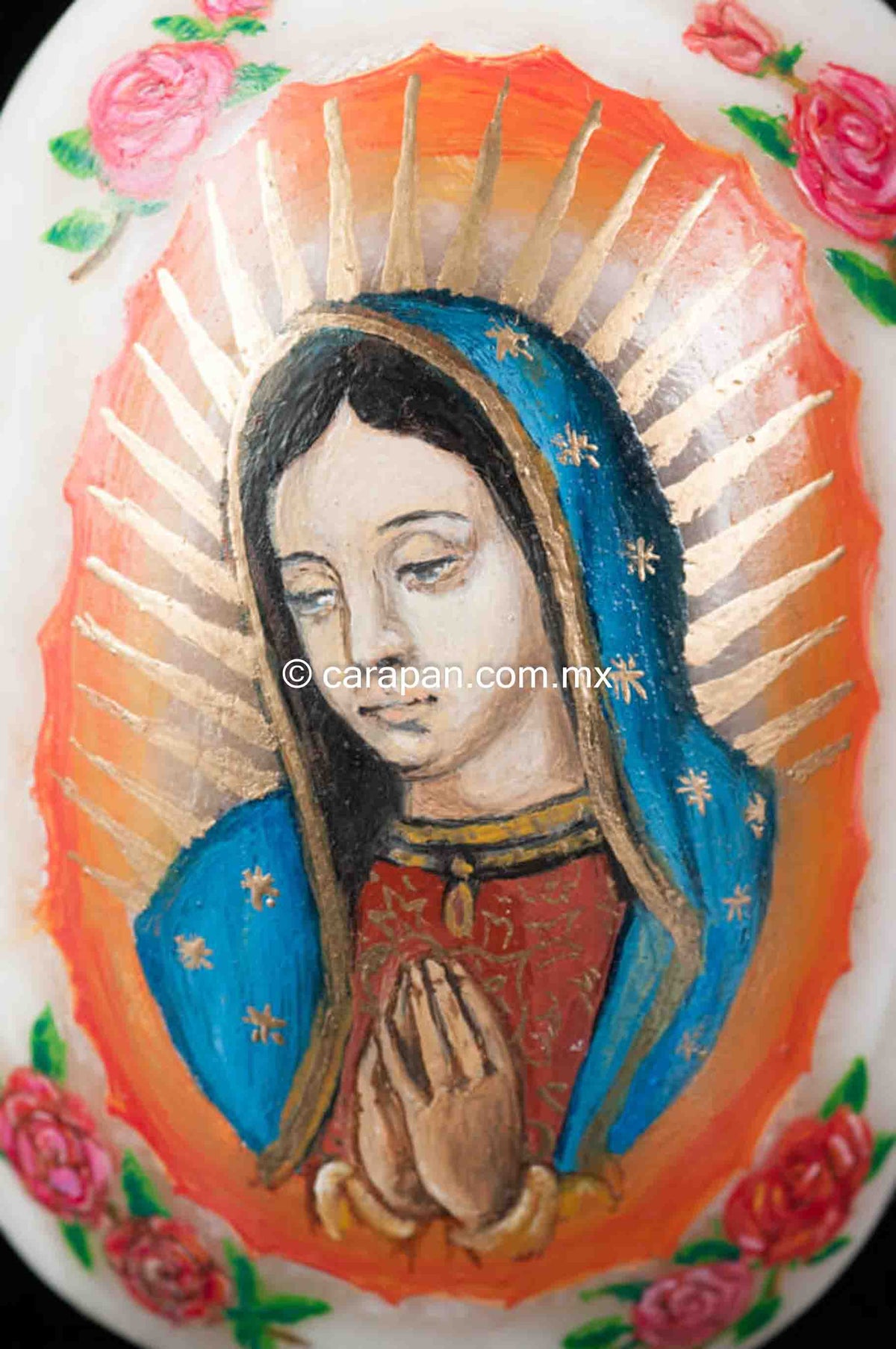 Painting of our lady virgin of Guadalupe on Alabaster stone Mexican folk Art