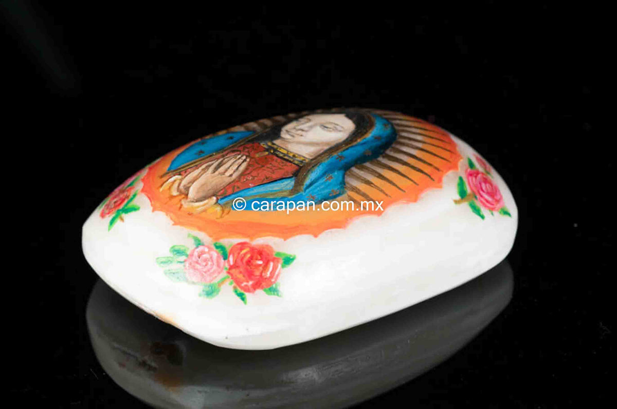 Painting of our lady virgin of Guadalupe on Alabaster stone Mexican folk Art