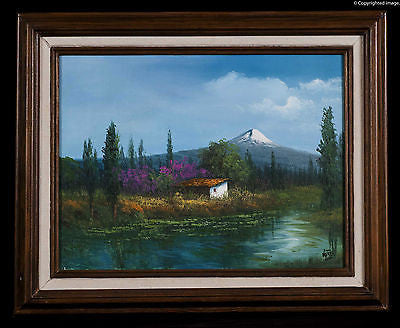 OIL ON CANVAS MEXICAN LANDSCAPE SIGNED NUÑEZ LUNA VULCAN LAKE & HOUSE CP4