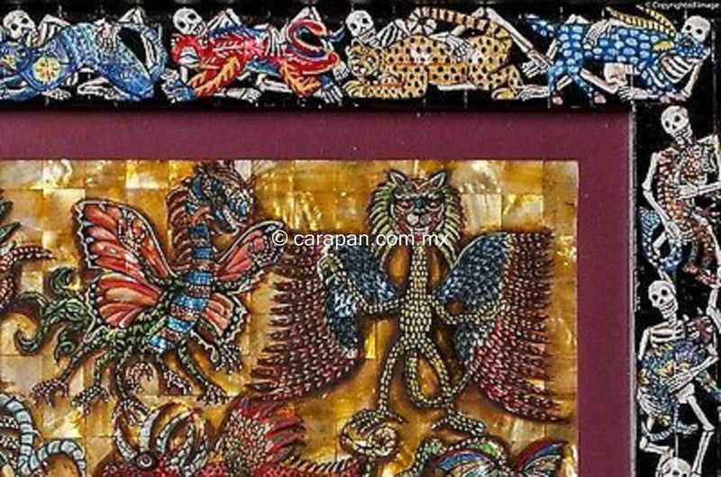 Alebrijes & Day of the Dead Skeleton Nacre Painting on Mother of Pearl