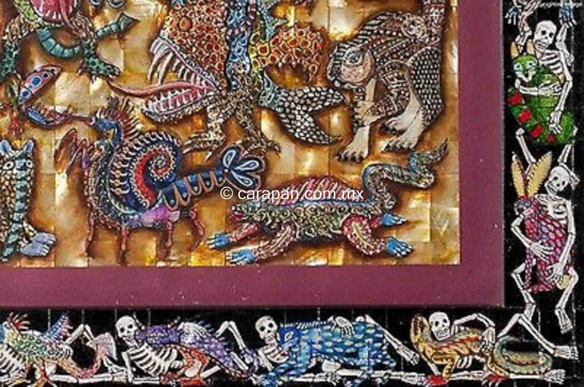 Alebrijes & Day of the Dead Skeleton Nacre Painting on Mother of Pearl
