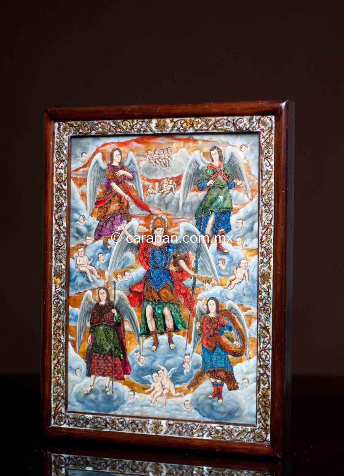 Archangels Painting Monter of Pearl Inlay Nacre Mexican Folk Art