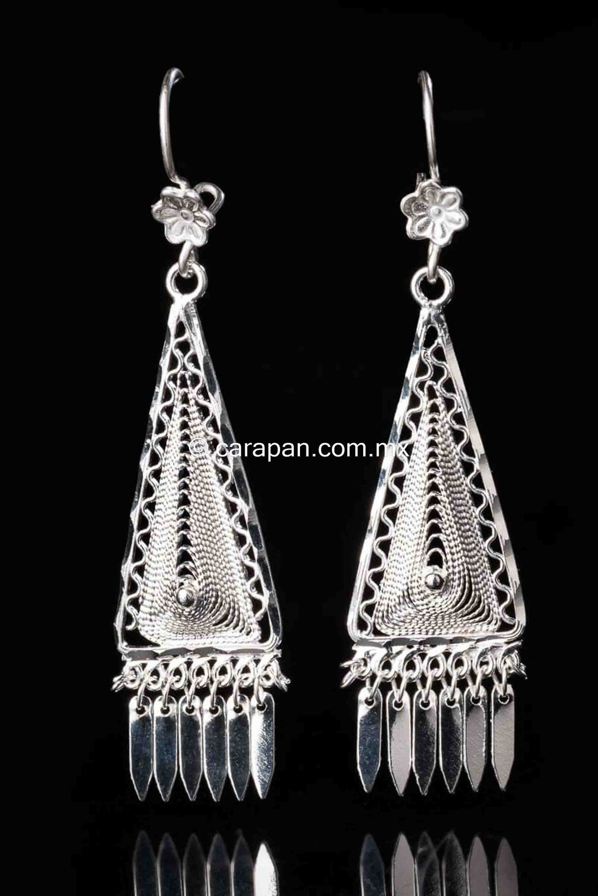 Mexican Silver Pyramid filigree earring with spear fringe
