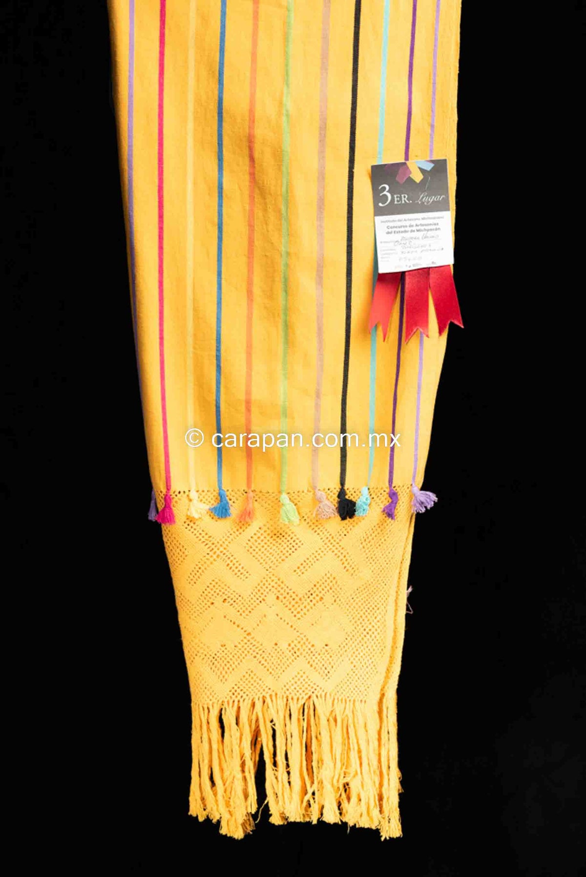 Award winning Mexican Shawl Yellow with multi colored stripes front view