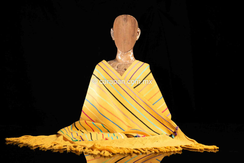 Award winning Mexican Shawl Yellow with multi colored stripes front view