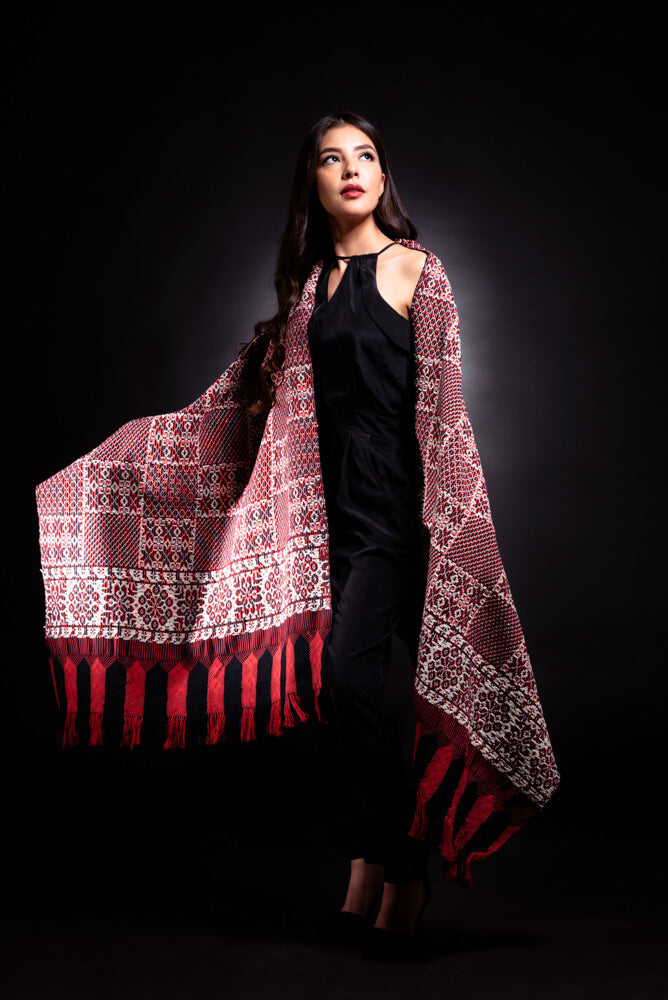 Woman Wearing a  Red & Black Textile Rebozo Wool & Cotton Backstrap Loomed