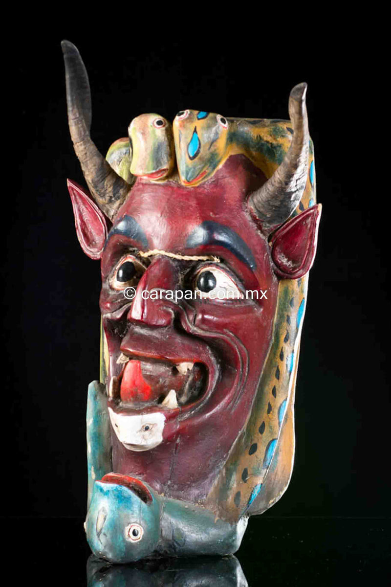 Vintage Devil & Snakes Big Wooden Mask from Guerrero Mexican Folk Art