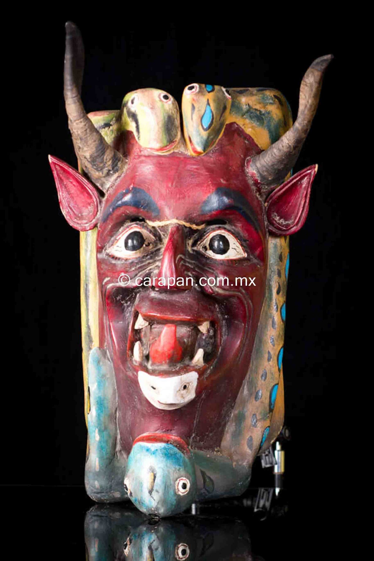 Vintage Devil & Snakes Big Wooden Mask from Guerrero Mexican Folk Art