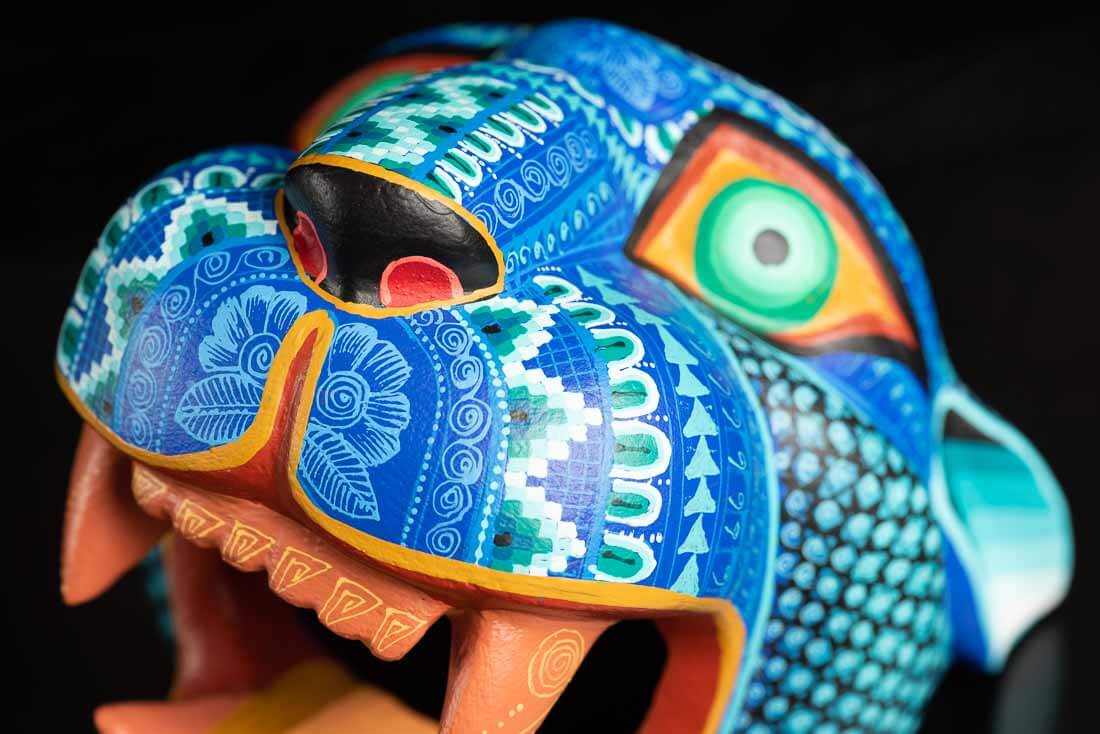 Mexican Jaguar Head Wood Carving Blue & Teal