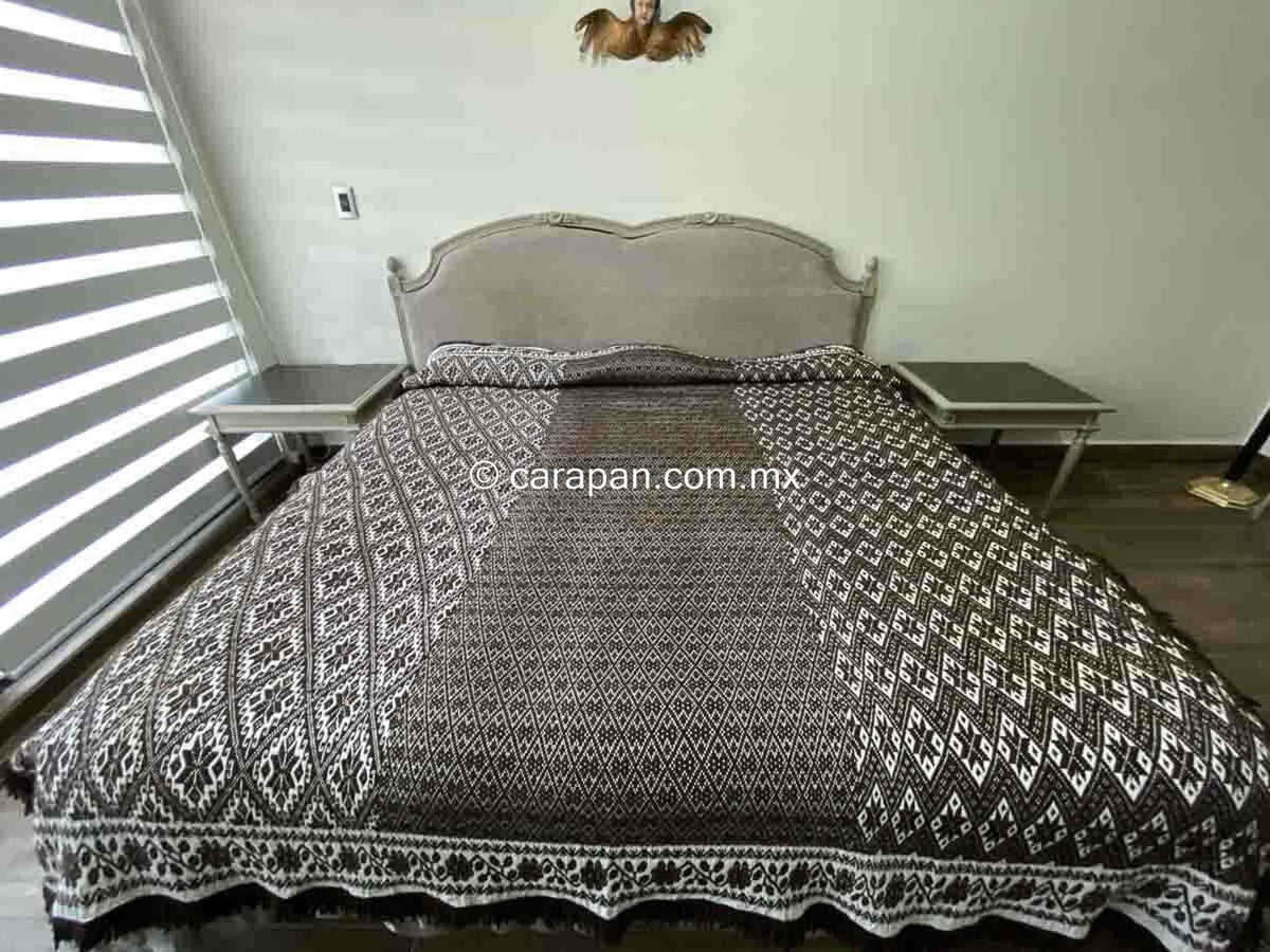 Brown & White Wool & Cotton Brocade Blanket with stars and diamond pattern