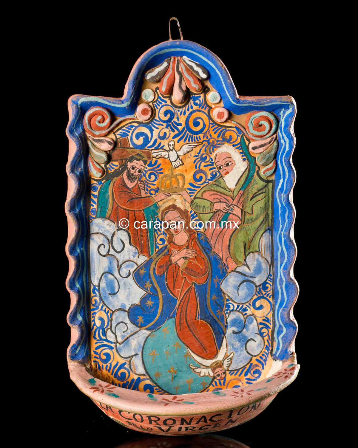 Burnished-Clay-Holy-Water-Font-Tonala-Mexican-Pottery-Virgin-Crowning