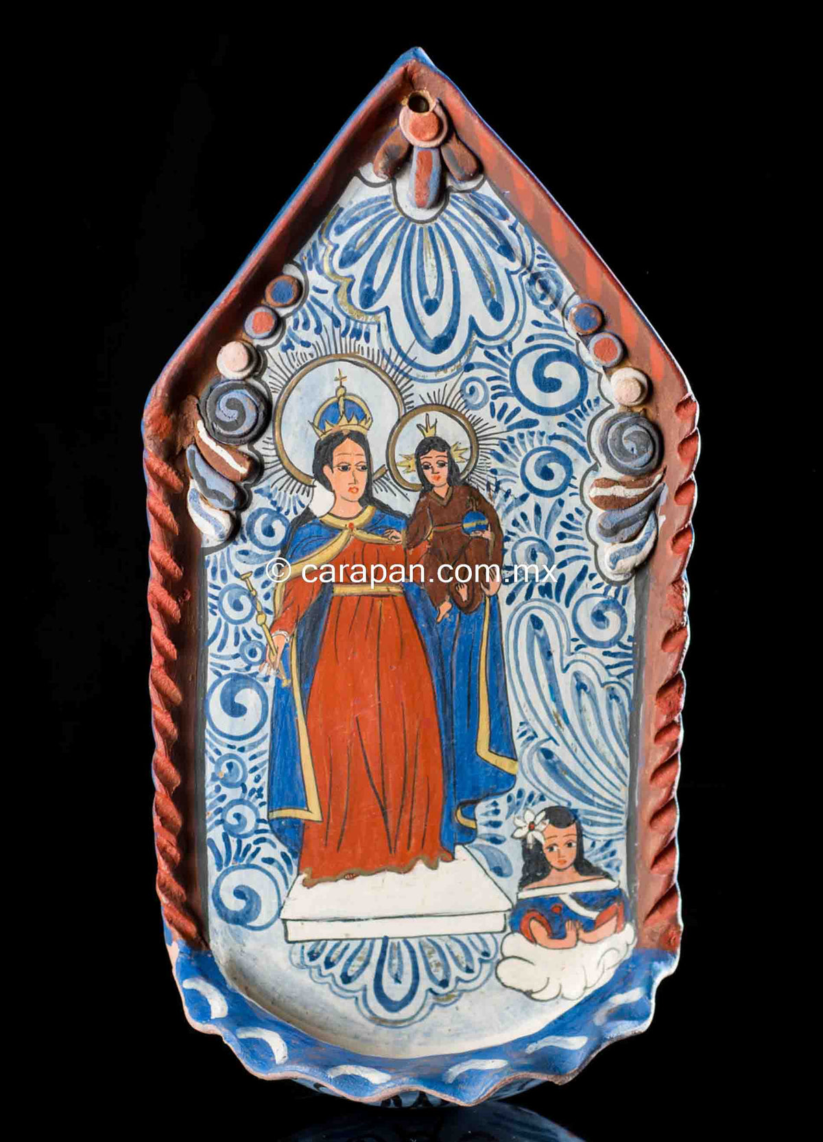Burnished-Clay-Tonala-Pottery-Holy-Water-Font-Virgin-&-Jesus
