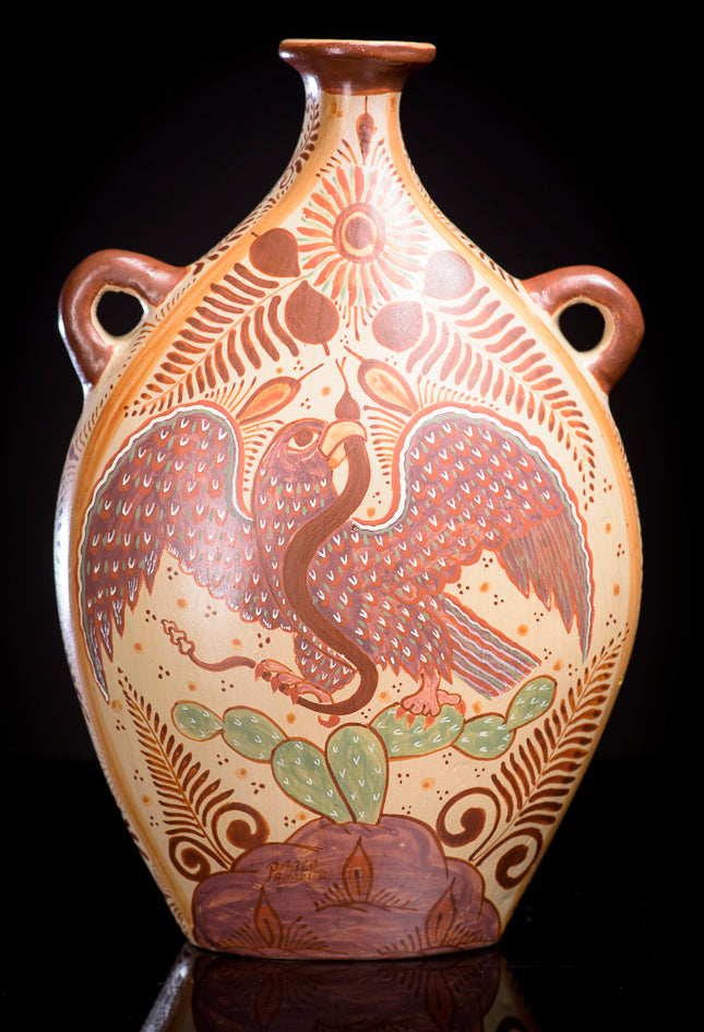 Burnished-clay-canelo-vase-with-eagle-and-fish-from-Jalisco-Mexico