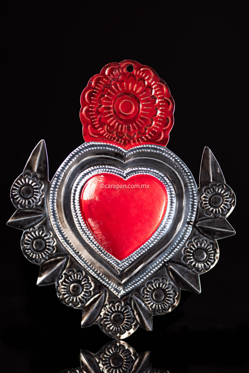 Oaxacan Chiseled Tin Art Heart with Flowers Mexican Folk Art