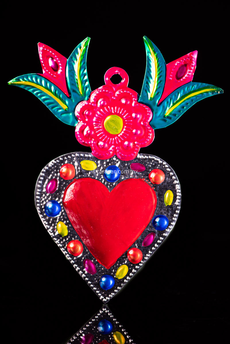 Colorful Mexican Tin Heart with Calla Lilies, Oaxacan Art