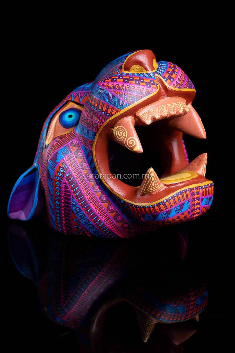 Fucshia & Blue Jaguar Head Mexican Wood Carving