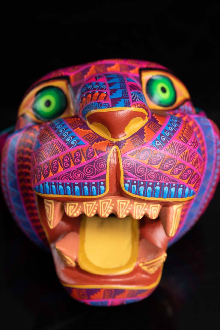 Jaguar Head Mexican Wood Carving Fucshia & Blue