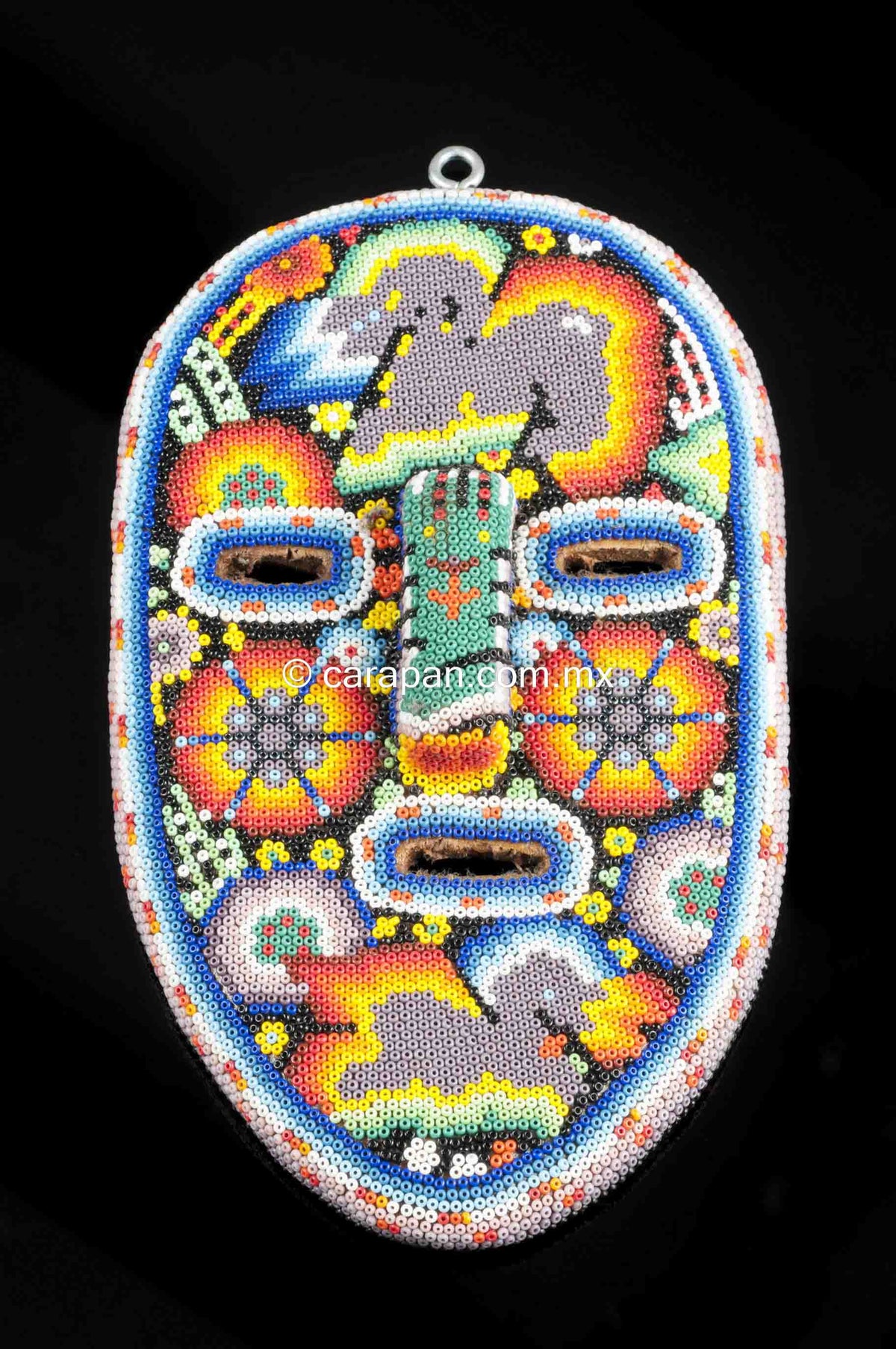 Huichol Beaded Mask with Sacred Symbols of Peyote, Deer & Scorpion