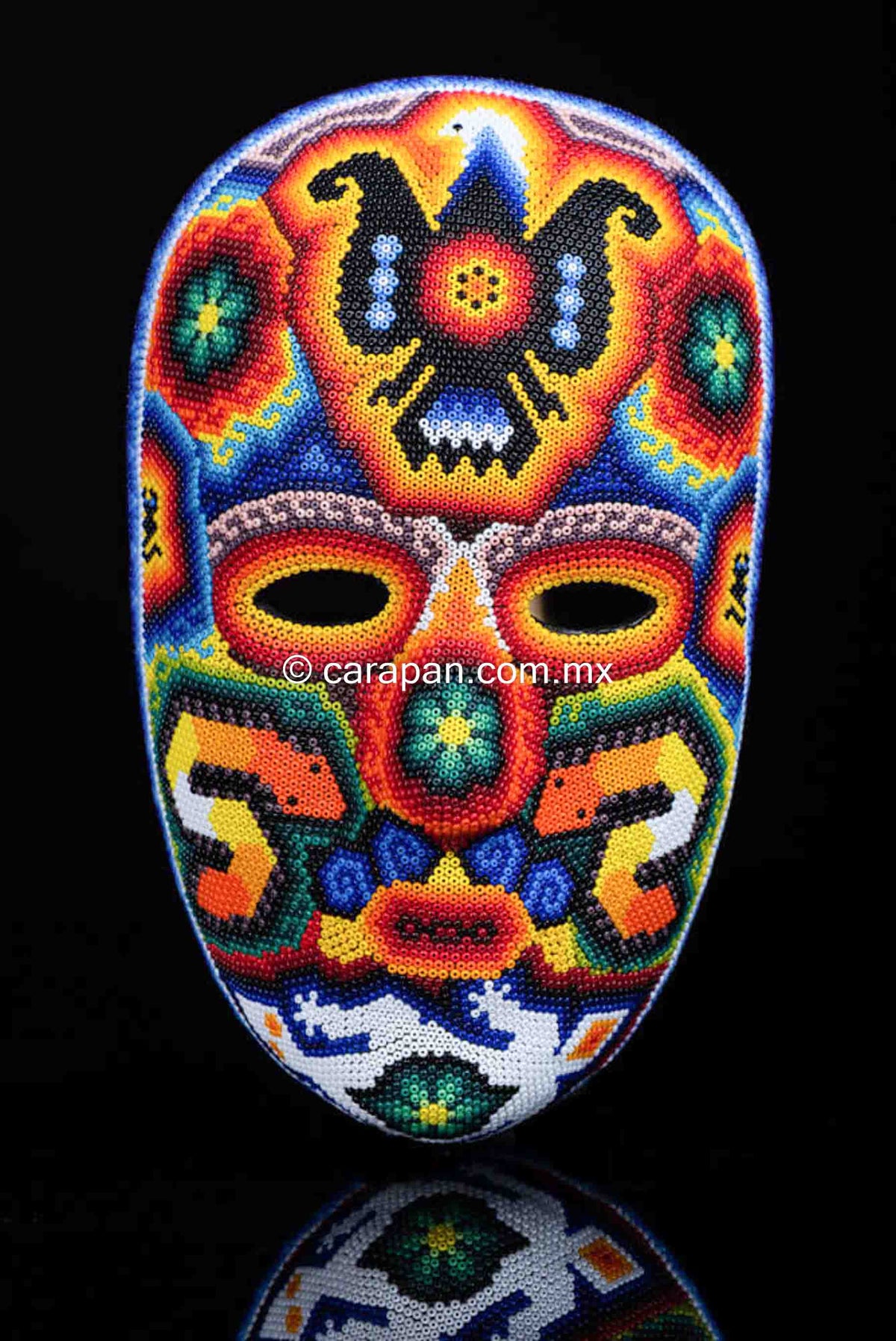 Mexican Huichol Beaded Mask with Eeagle, Snakes & Sacred Symbols