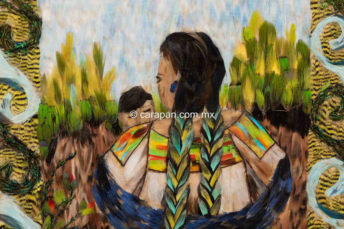 Mexican Painting Feather Art Woman with Baby