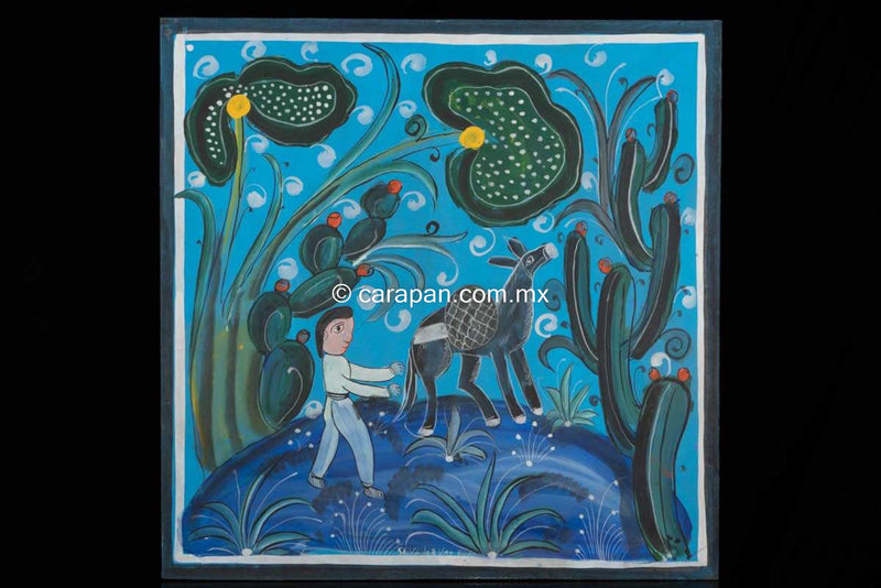 Boy with donkey painting by Salvador Vasquez Blue tones