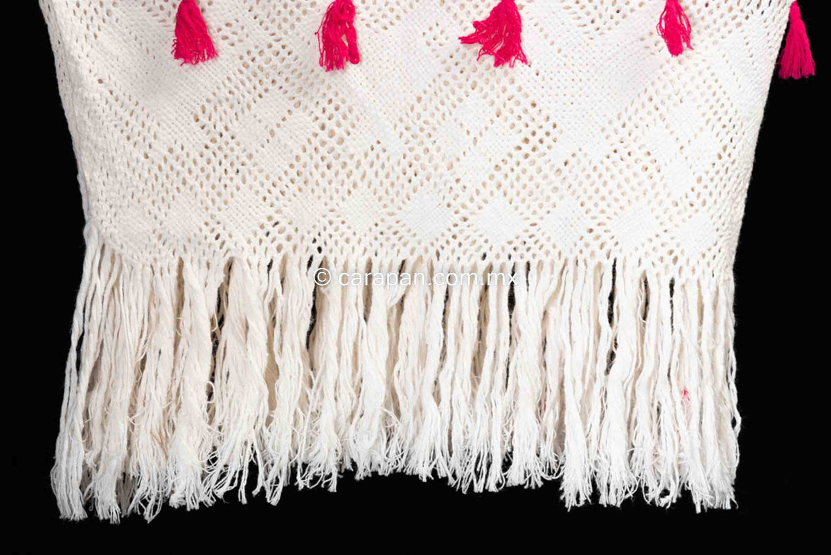 Mexican Rebozo White Shawl w Red Stripes Back Strap Loomed Indigenous Textile
