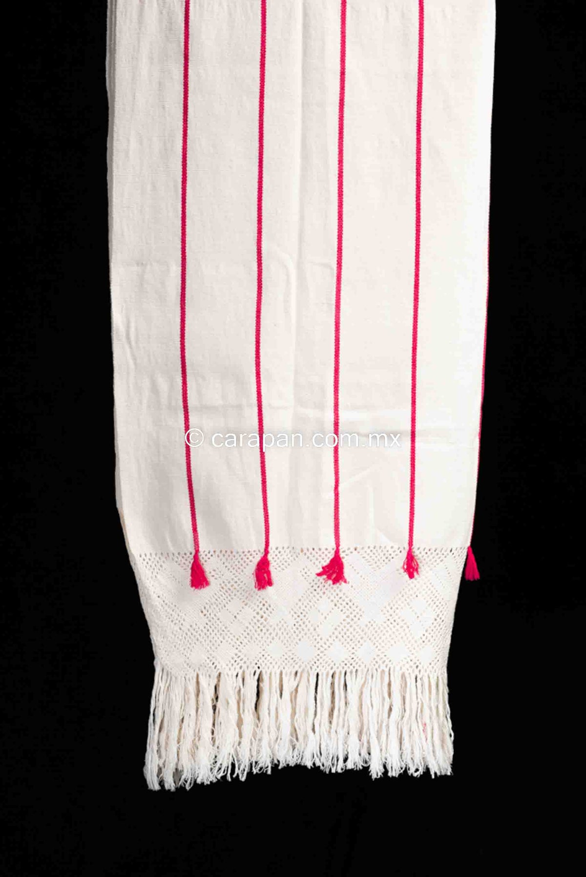 Mexican Rebozo White Shawl w Red Stripes Back Strap Loomed Indigenous Textile