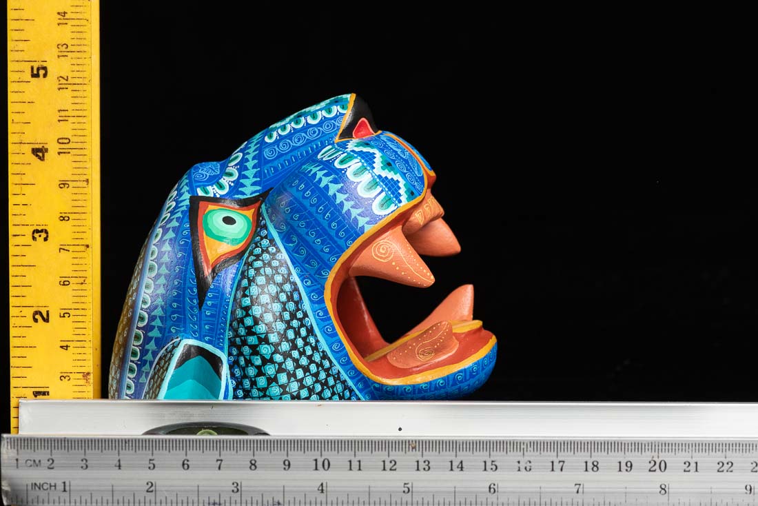 Mexican Jaguar Head Wood Carving Blue & Teal