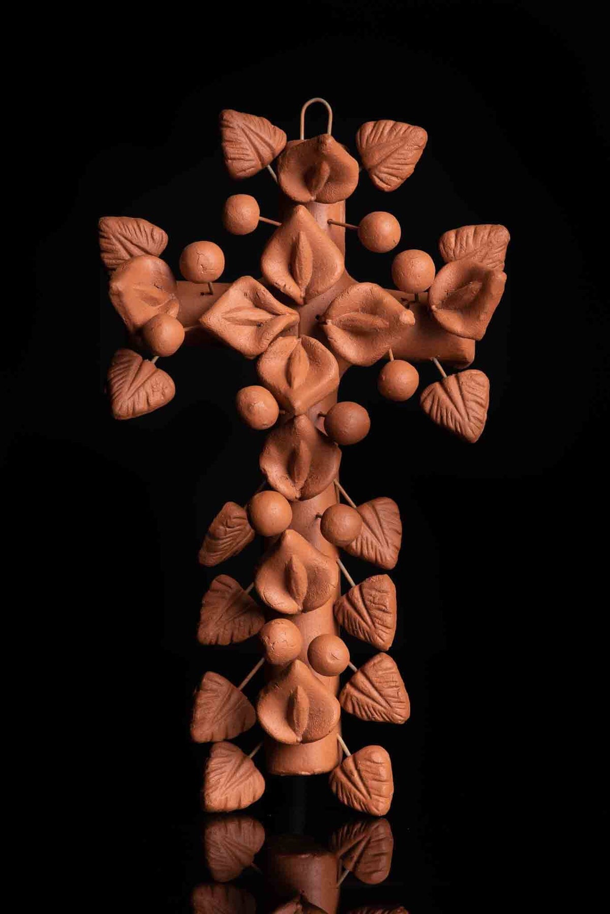 Mexican Natural Clay Cross decorated with Calla Lilies & Leafs Ready to wall hang
