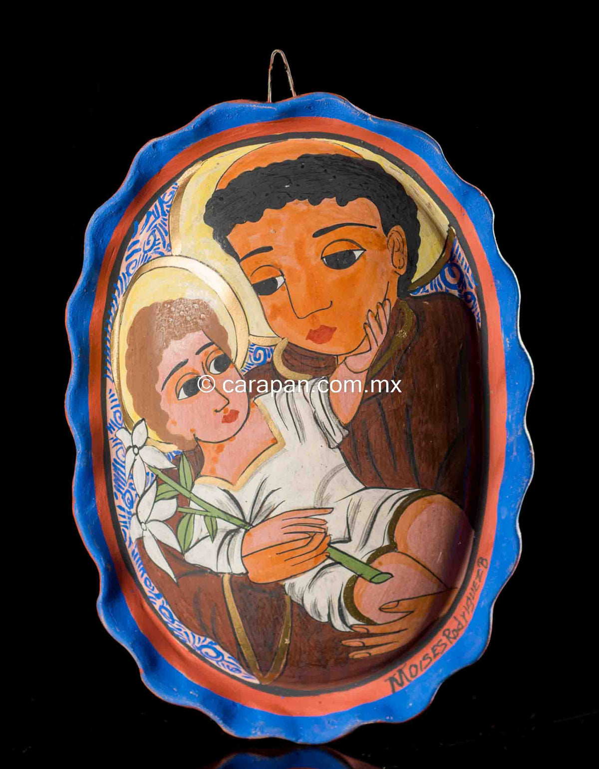Mexican-Pottery-Medallion-St-Francis-Baby-Jesus-Burnished-Clay-Tonala